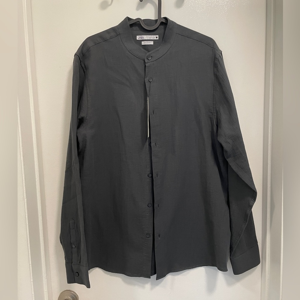 Zara Men Mandarin Collar Shirt in Dark Gray